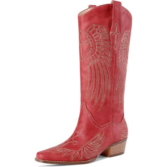 ⚡Womens Red Faux Leather Knee High Cowboy Chunky Heel Tall Western Boots - Picture 1 of 9